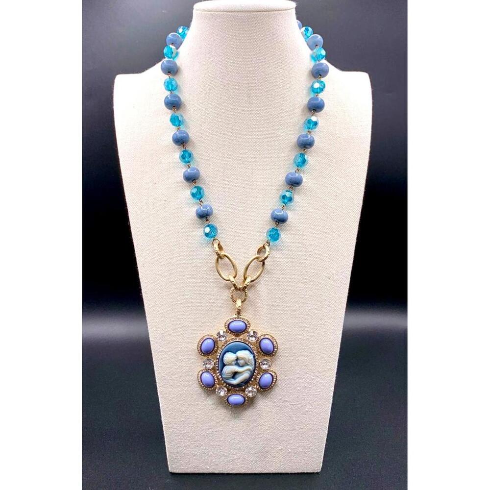Vintage Blue Cameo Statement Pendant Necklace with Rhinestones - Picture 2 of 7